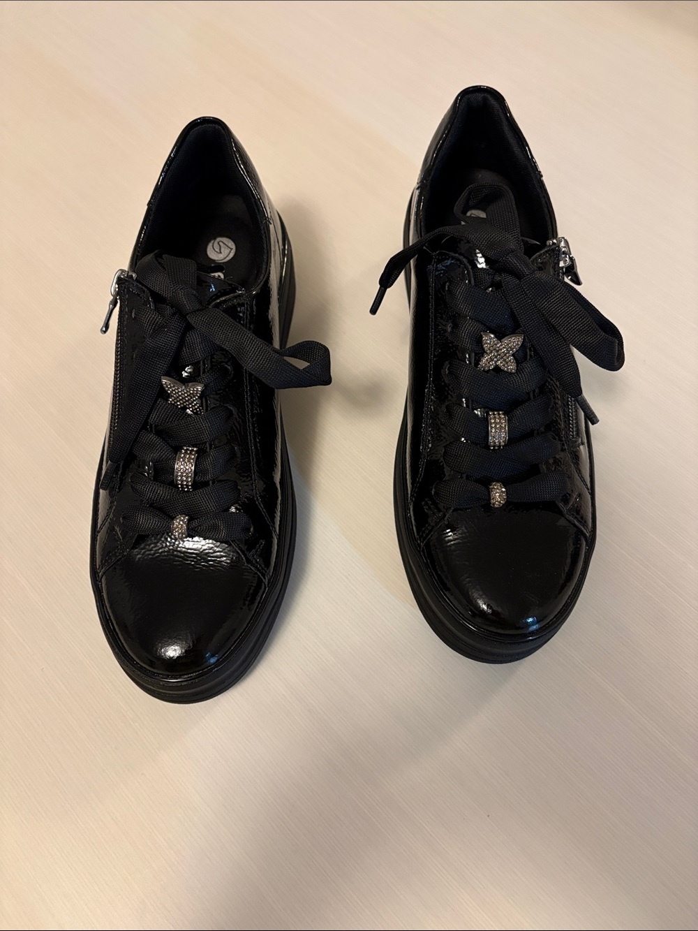 Remonte Black Patent Leather Sneakers with Rhinestone Accents